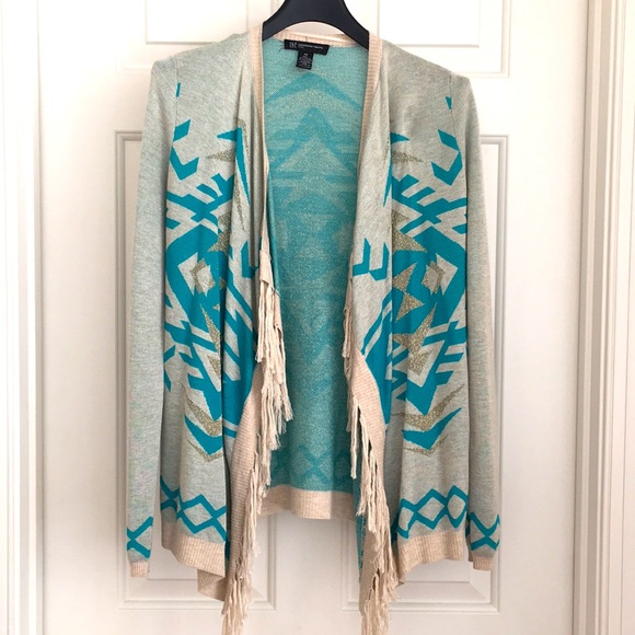 INC Women’s Cardigan Petite S Blue Geometric Aztec Fringe Tassels Long Sleeves - Picture 1 of 8